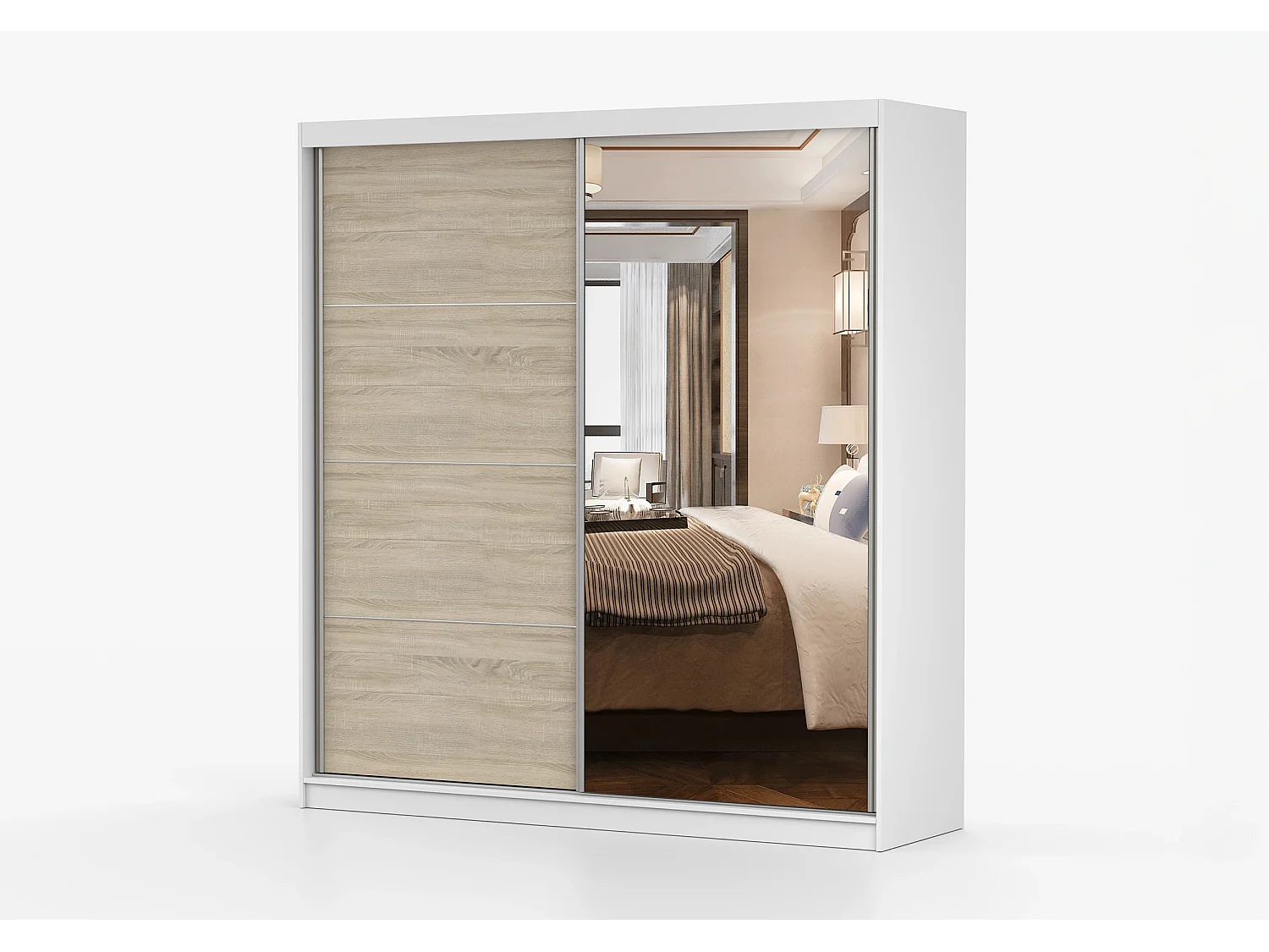 Armoire Tais 203 cm avec miroir - Blanc - Chêne