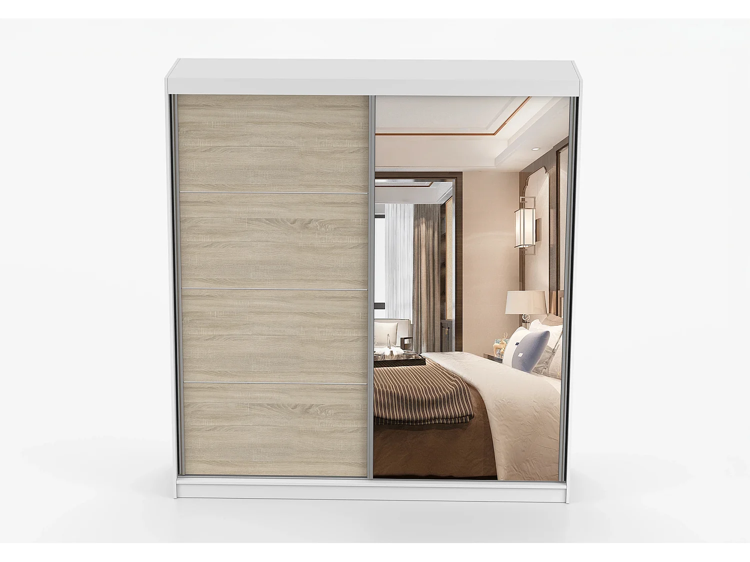 Armoire Tais 203 cm avec miroir - Blanc - Chêne