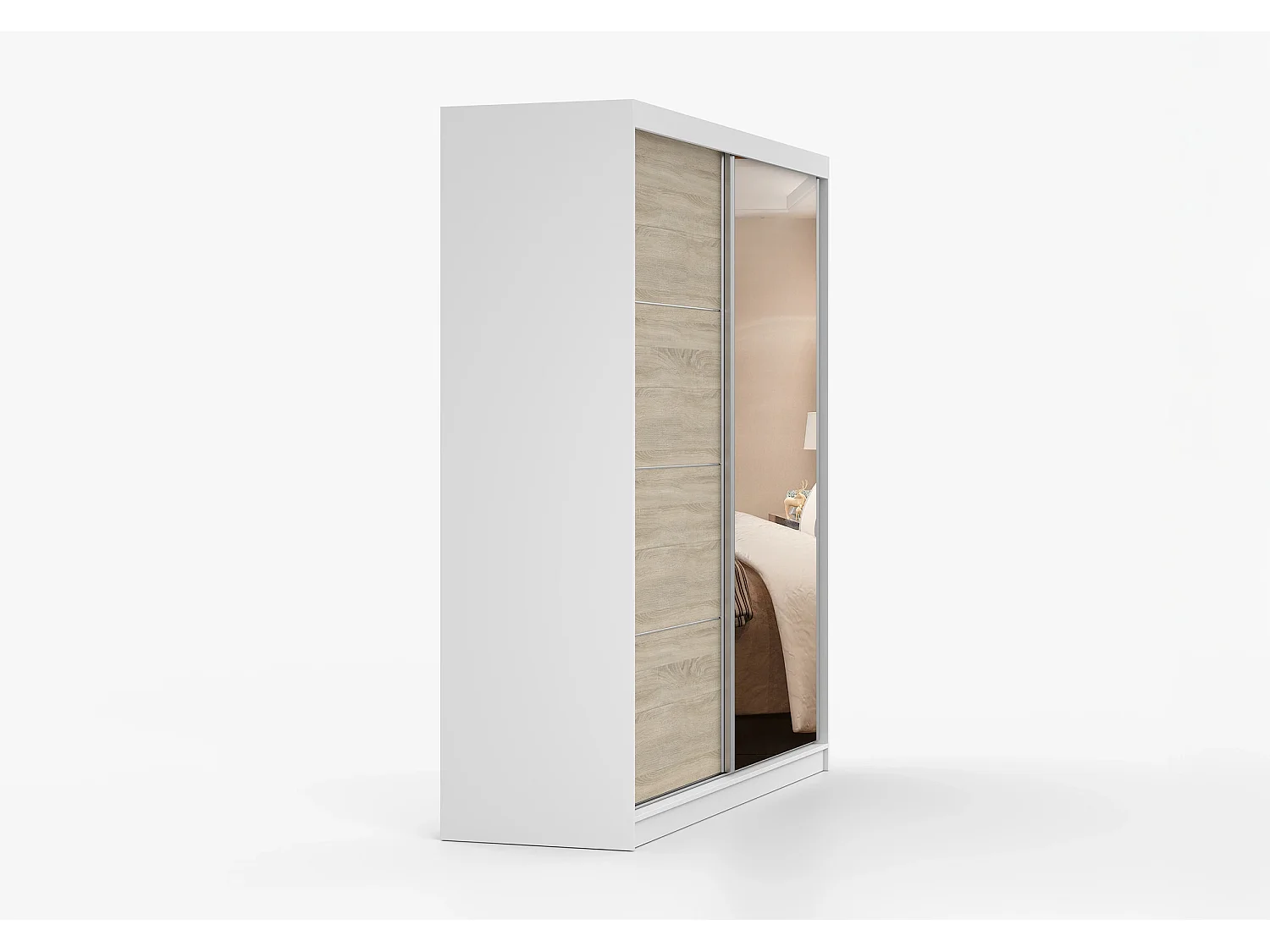 Armoire Tais 203 cm avec miroir - Blanc - Chêne