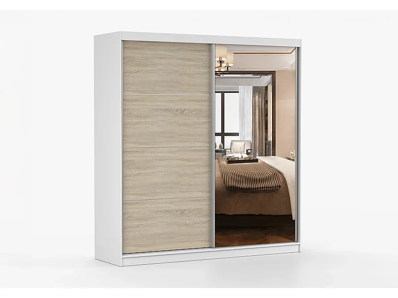 Armoire Tais 203 cm avec miroir - Blanc - Chêne