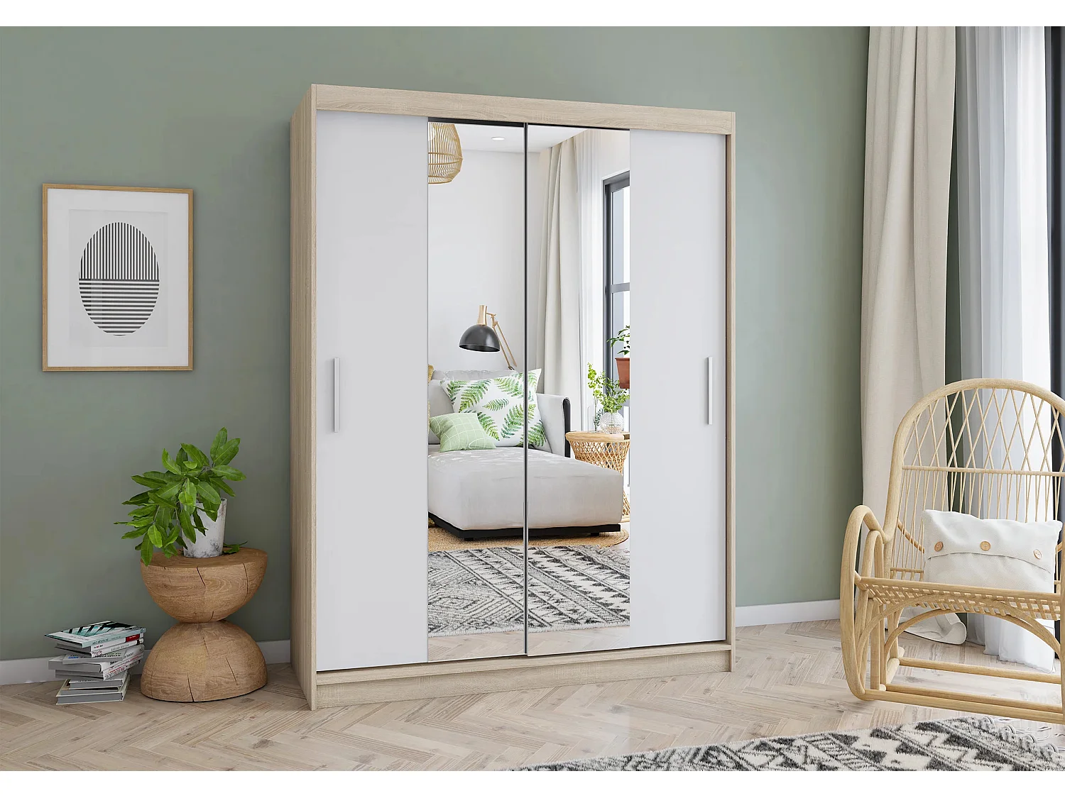 Armoire Aenora 150 cm avec miroir - Chêne - Blanc