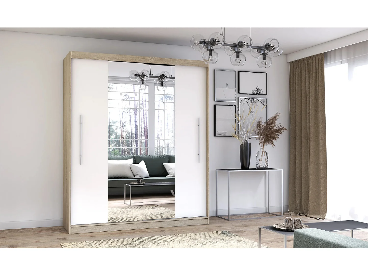 Armoire Eireen I 203 cm avec miroir - Chêne - Blanc