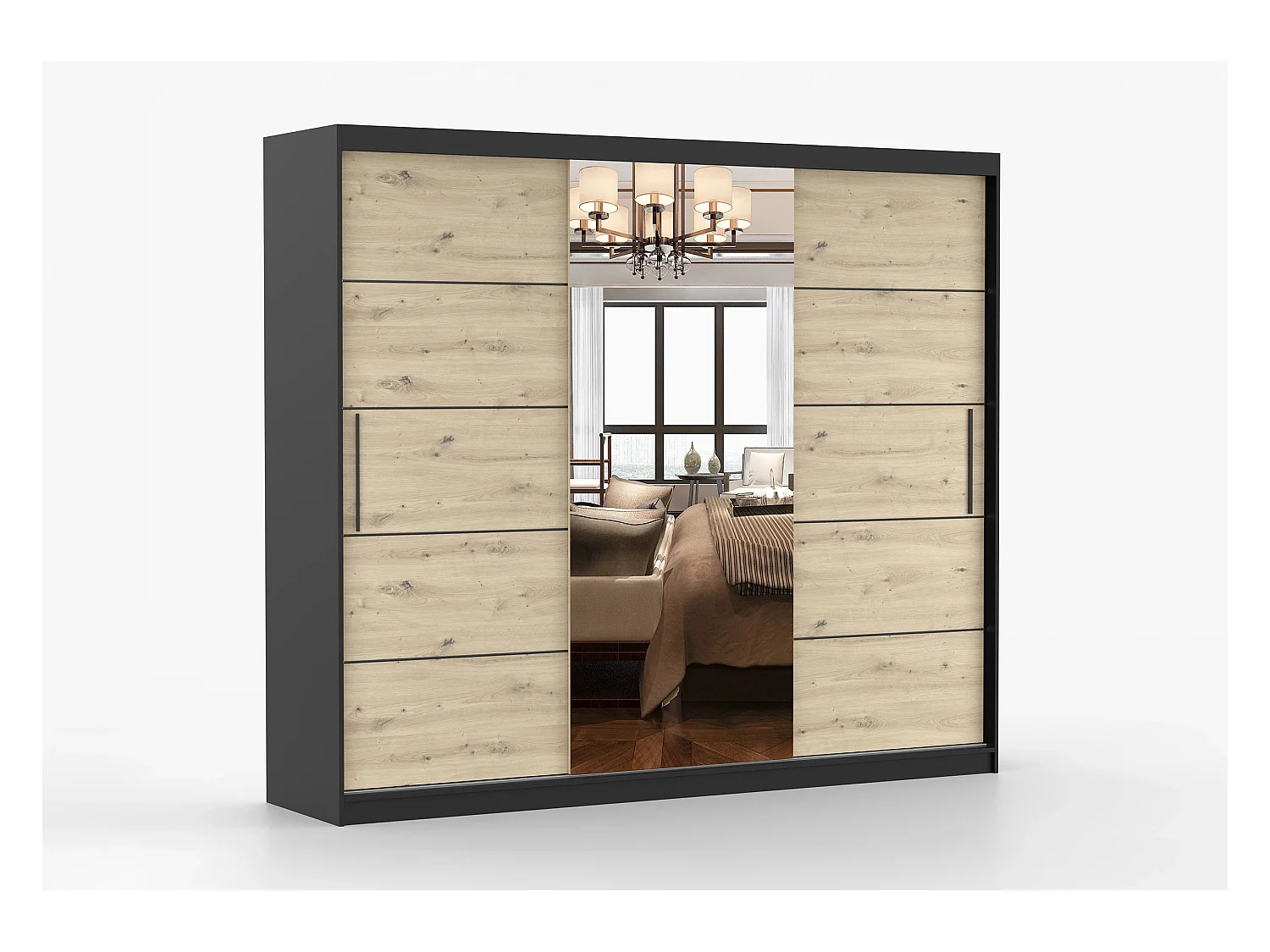 Armoire Elior 250 cm avec miroir - Noir - Effet bois