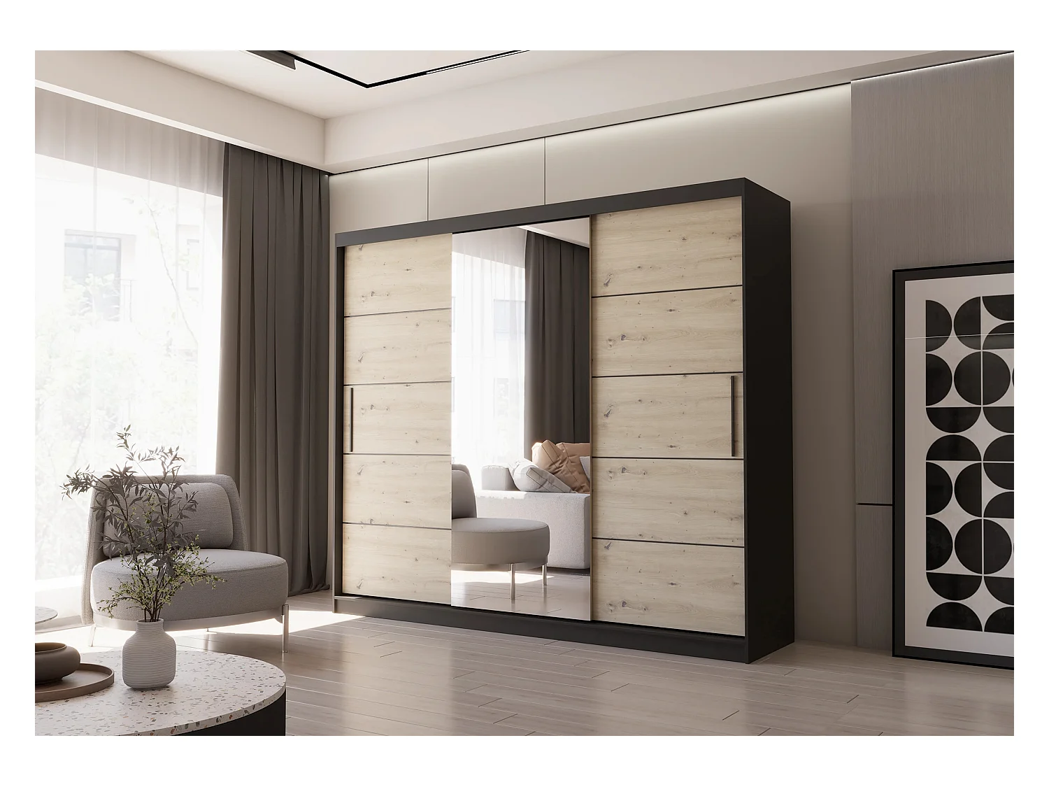 Armoire Elior 250 cm avec miroir - Noir - Effet bois