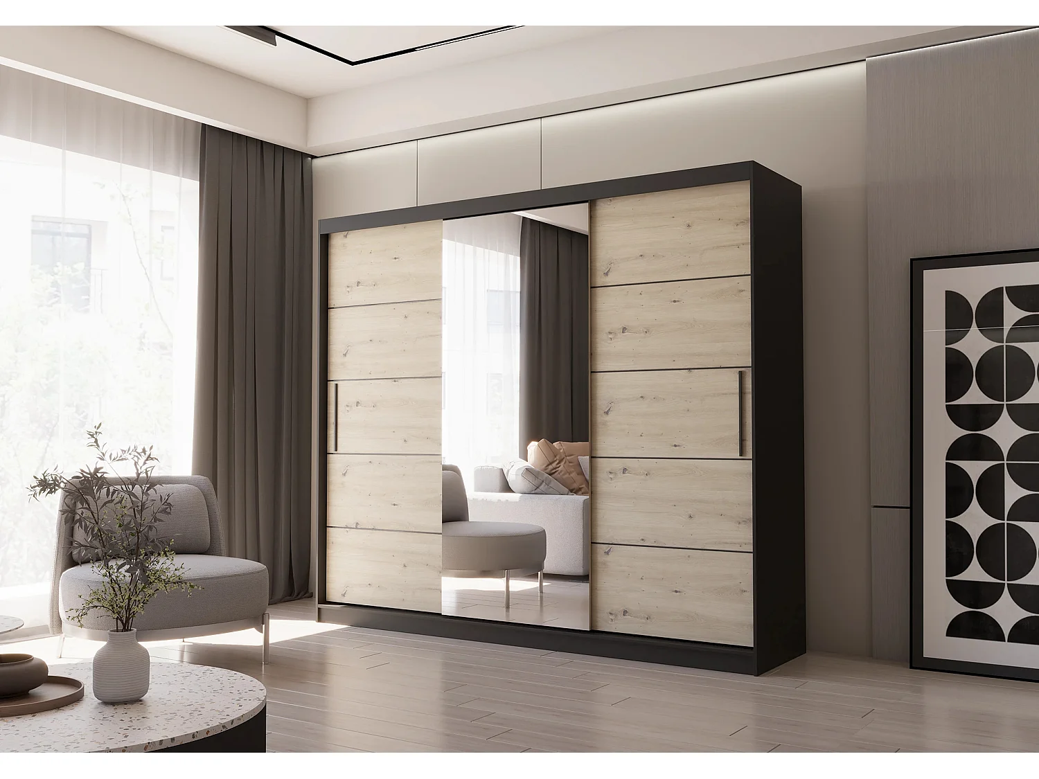 Armoire Elior 250 cm avec miroir - Noir - Effet bois