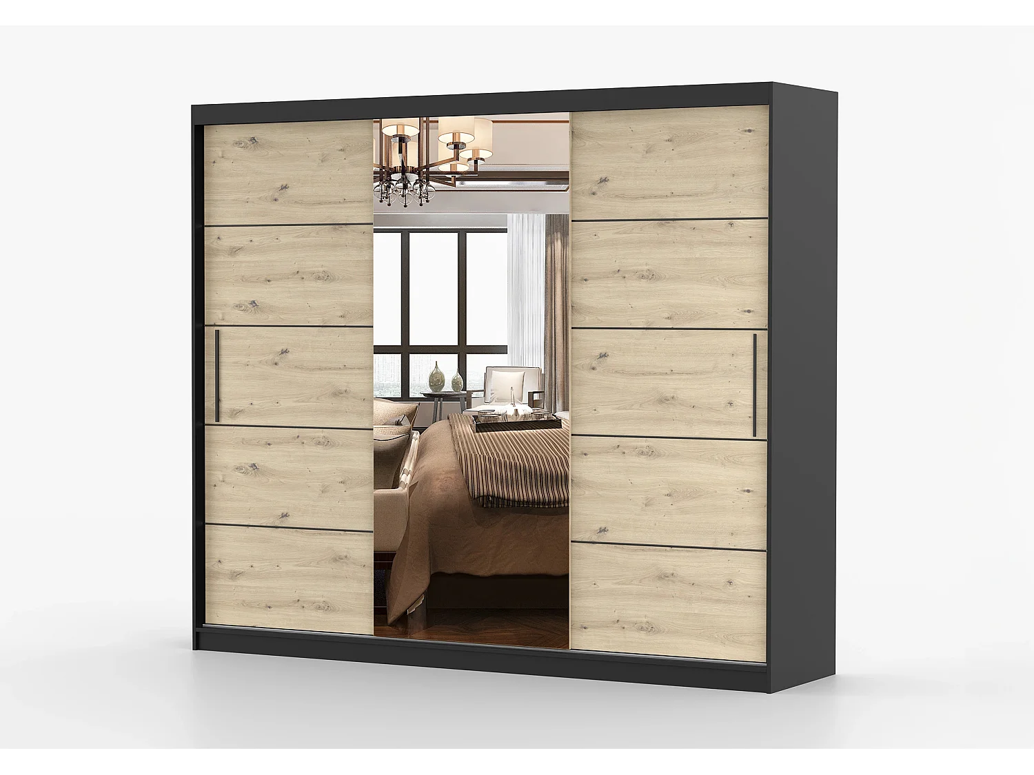 Armoire Elior 250 cm avec miroir - Noir - Effet bois