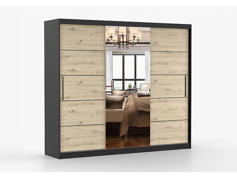 Armoire Elior 250 cm avec miroir - Noir - Effet bois
