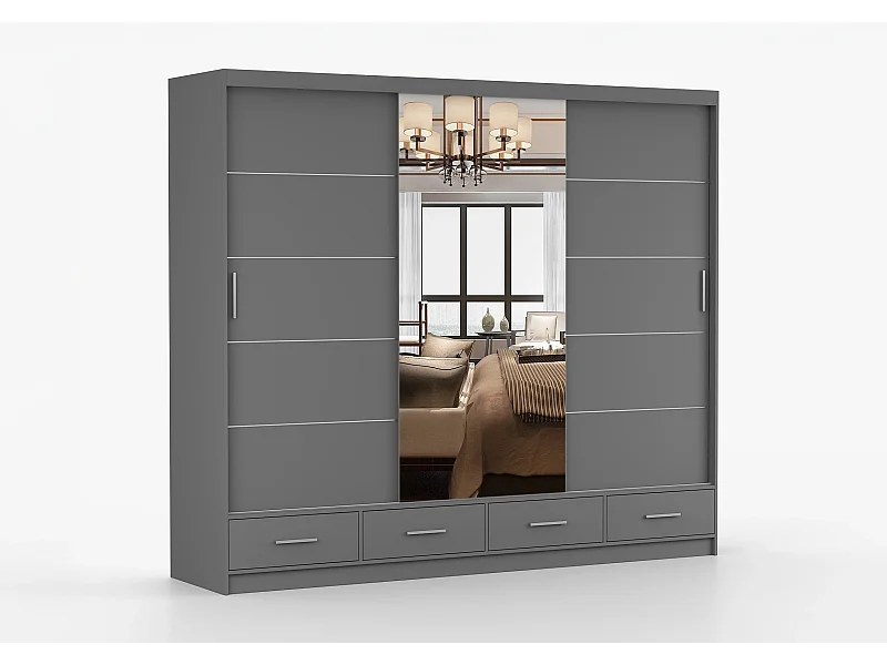 Armoire Silas 250 cm avec miroir - Gris