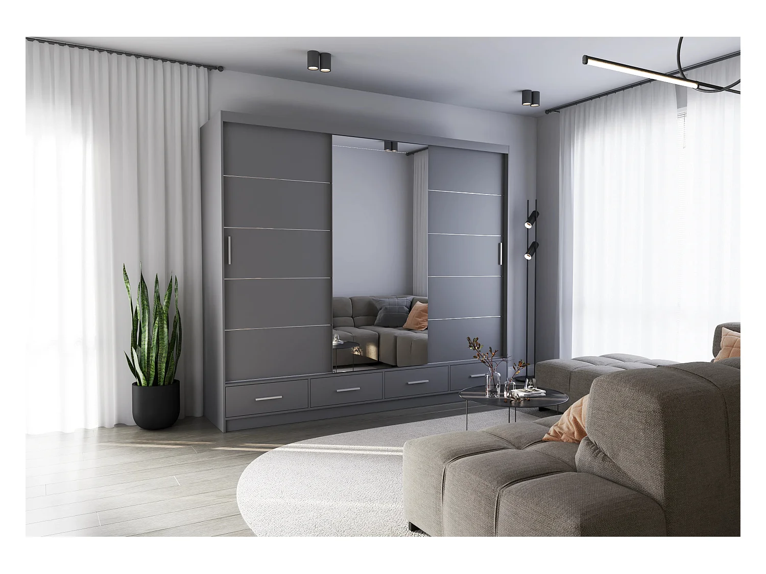 Armoire Silas 250 cm avec miroir - Gris