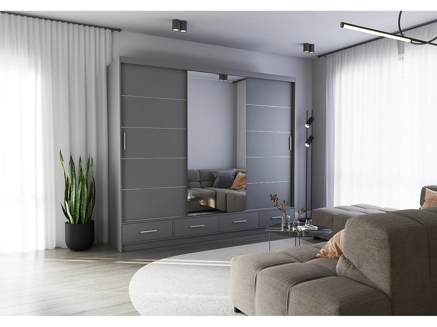 Armoire Silas 250 cm avec miroir - Gris