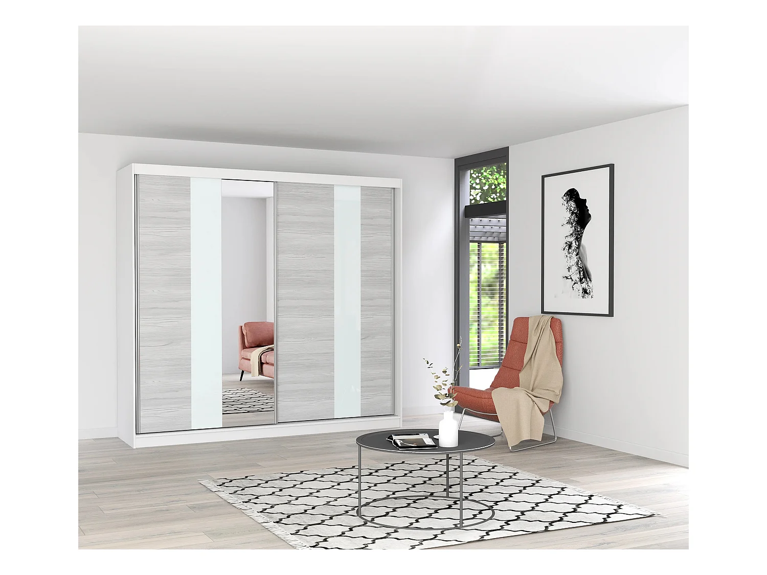 Armoire Rhéa 233 cm avec miroir - Blanc - Kathult