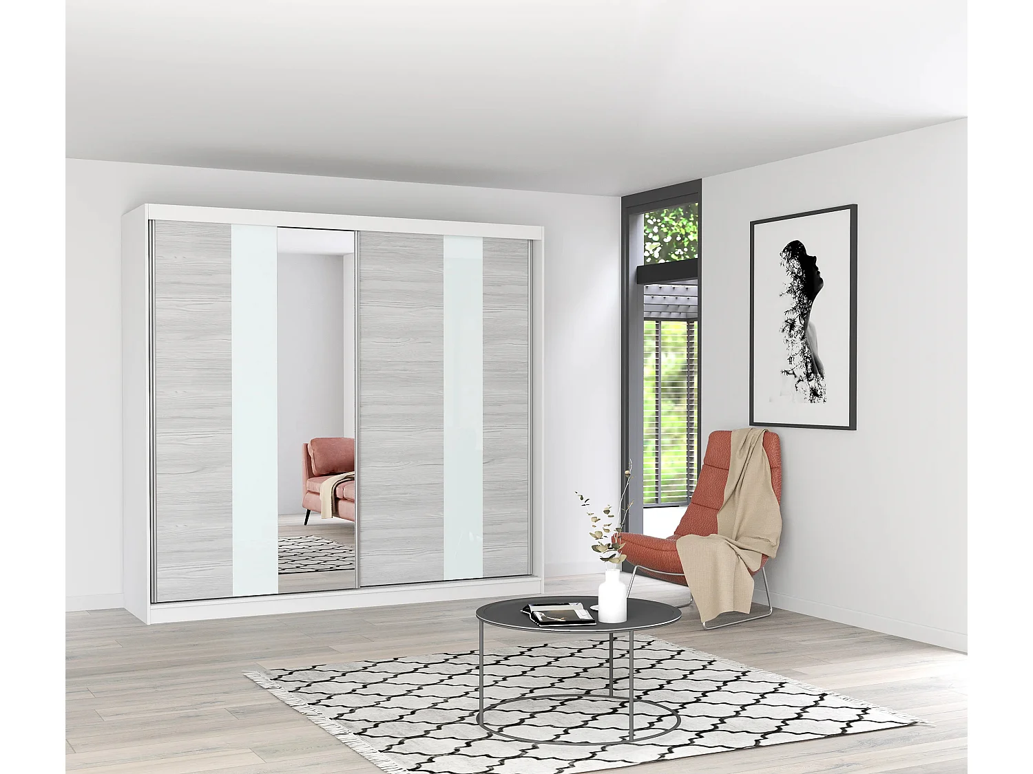 Armoire Rhéa 233 cm avec miroir - Blanc - Kathult