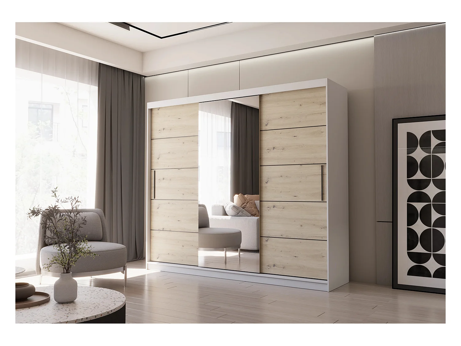 Armoire Elior 250 cm avec miroir - Blanc - Effet bois