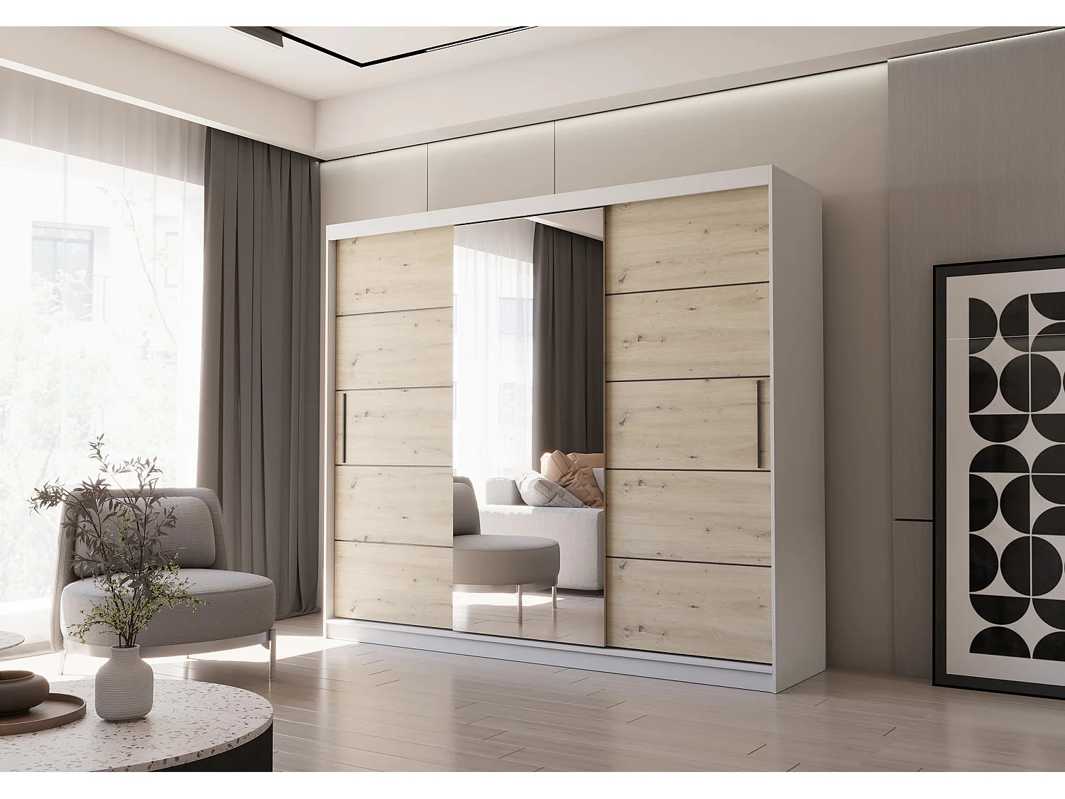 Armoire Elior 250 cm avec miroir - Blanc - Effet bois