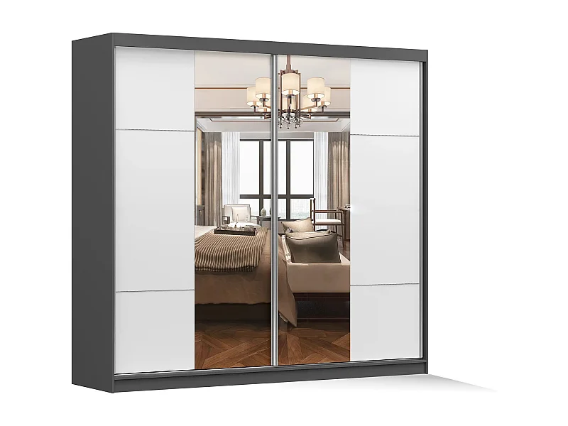 Armoire Azénor 233 cm avec miroir - Gris - Blanc