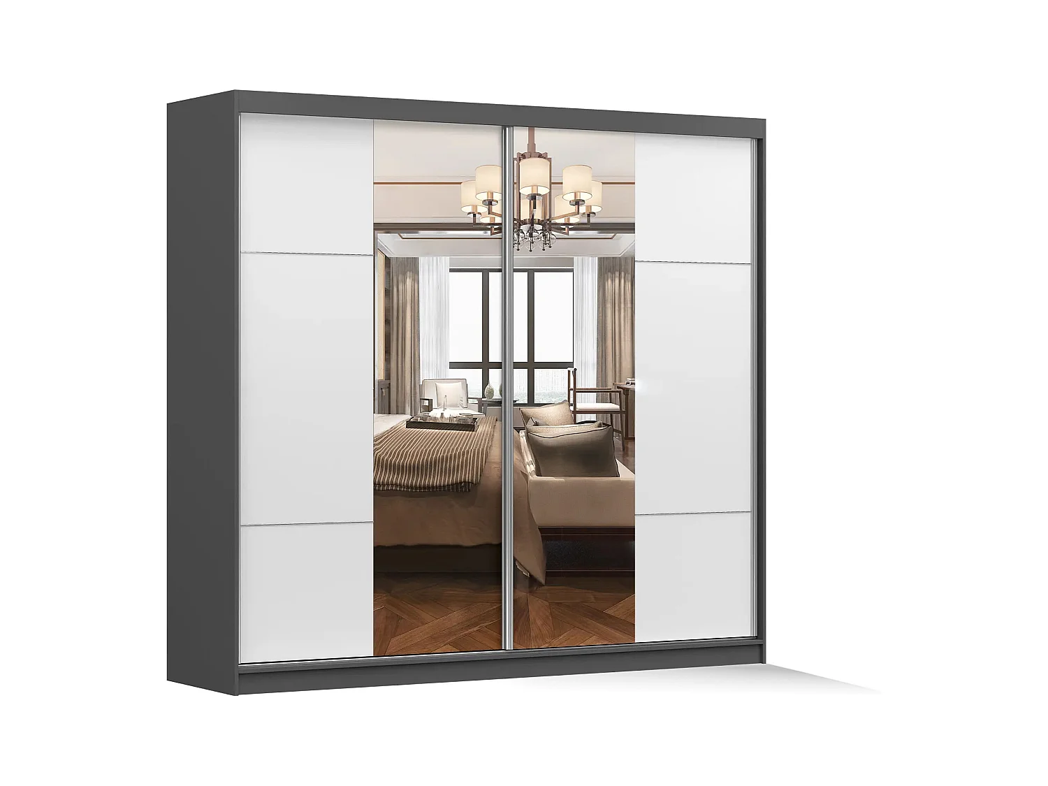 Armoire Azénor 233 cm avec miroir - Gris - Blanc