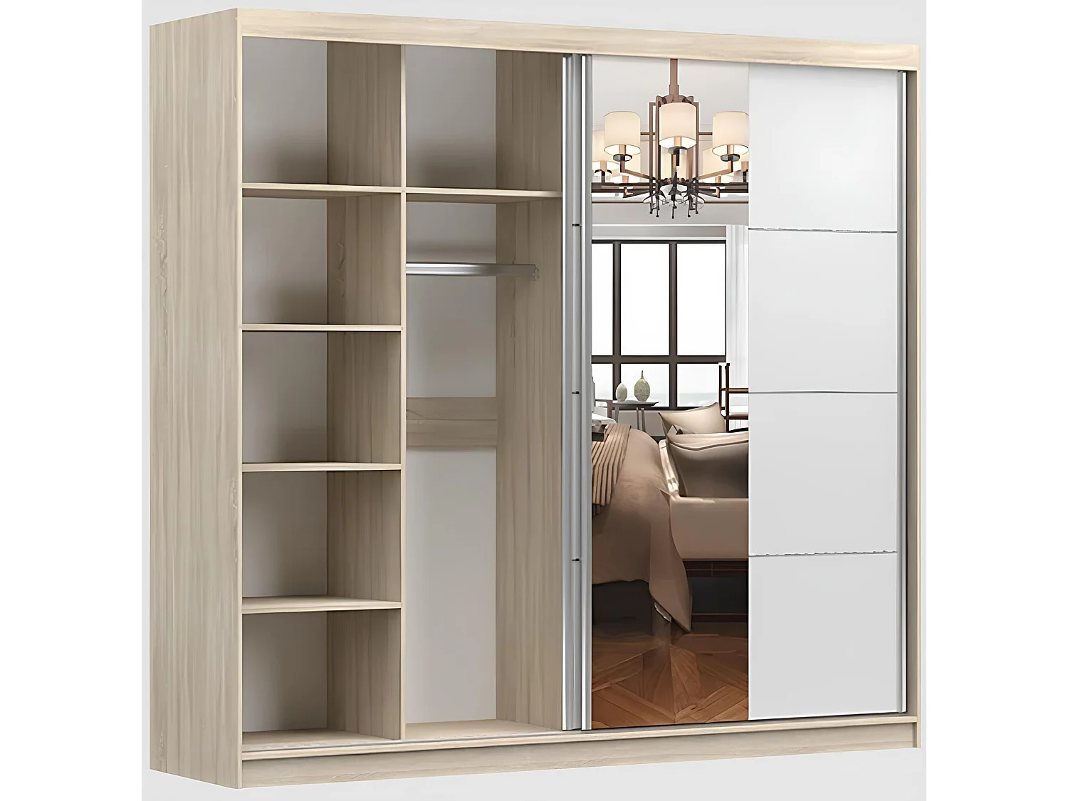 Armoire Azénor 233 cm avec miroir - Gris - Blanc
