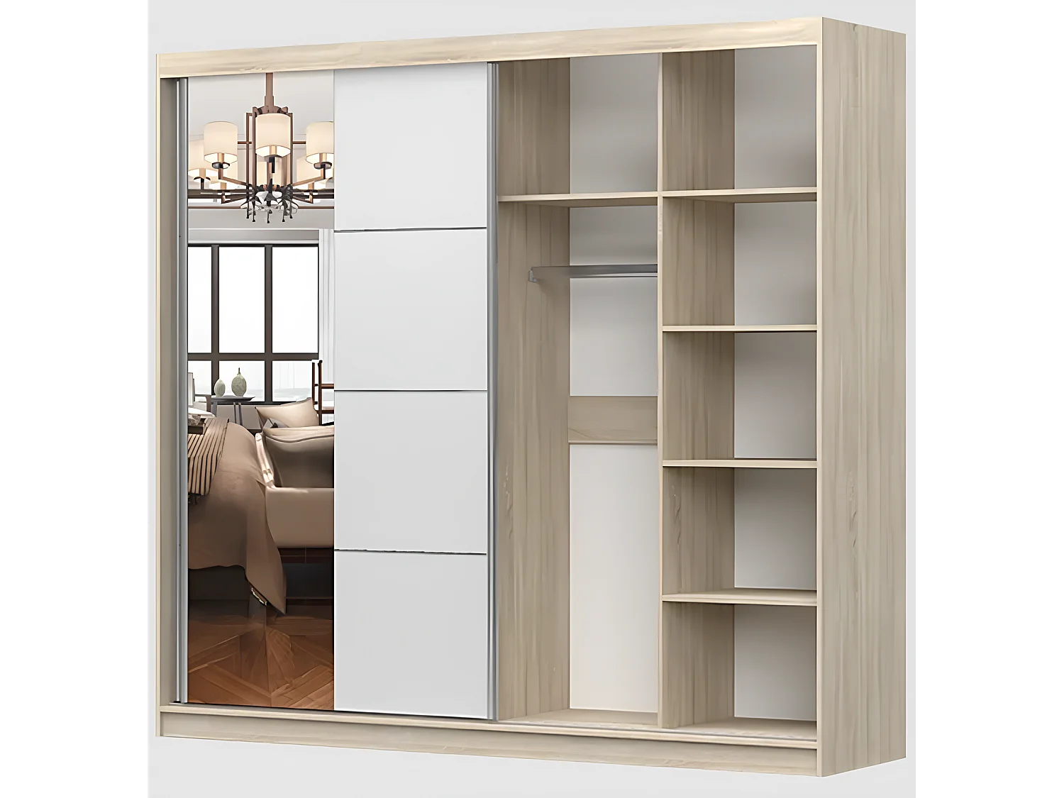Armoire Azénor 233 cm avec miroir - Gris - Blanc