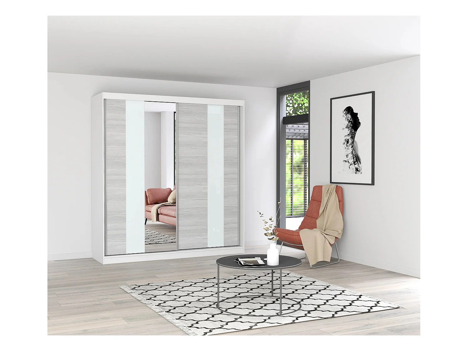 Armoire Évania 203 cm avec miroir - Blanc - Kathult