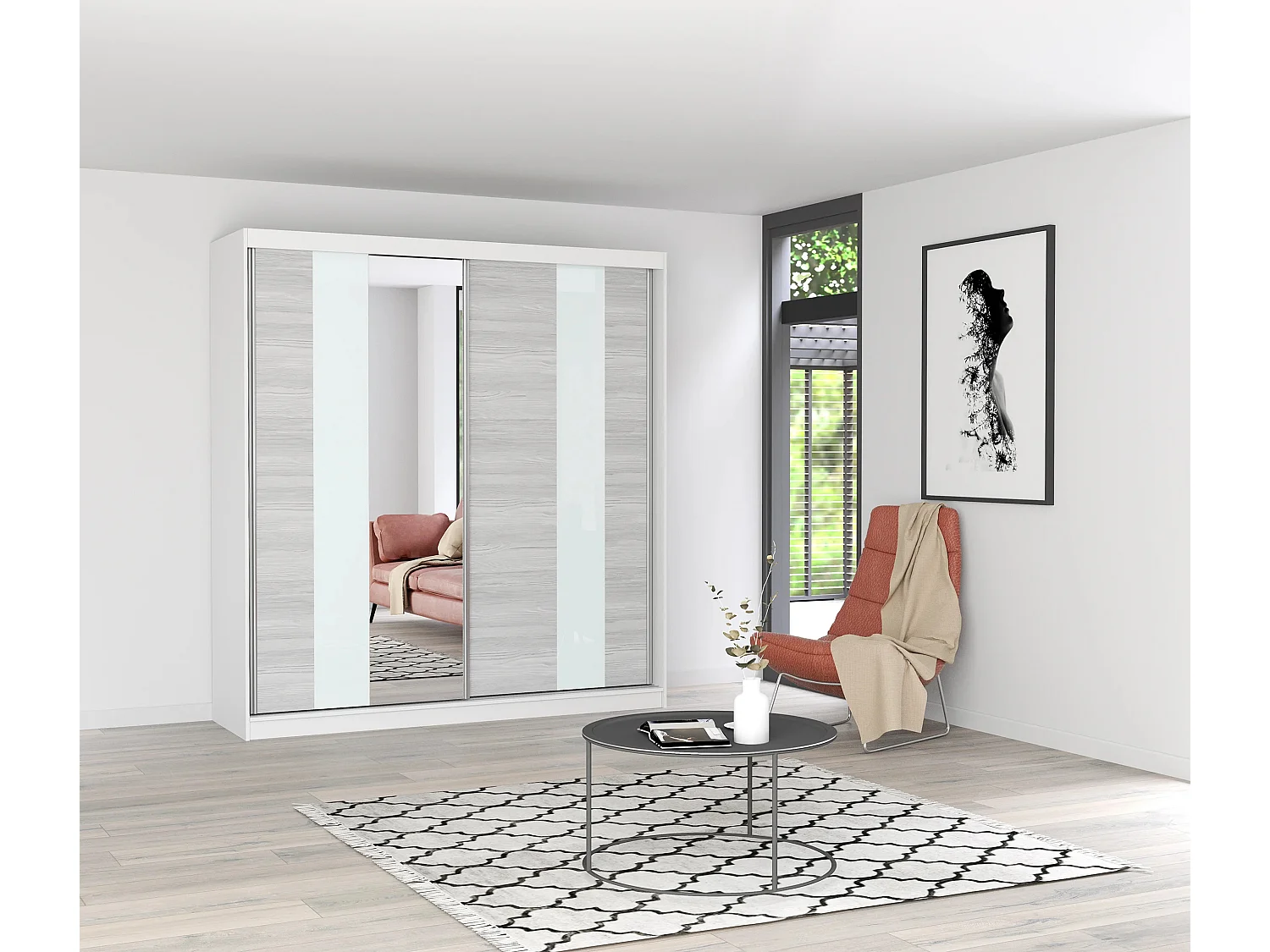 Armoire Évania 203 cm avec miroir - Blanc - Kathult