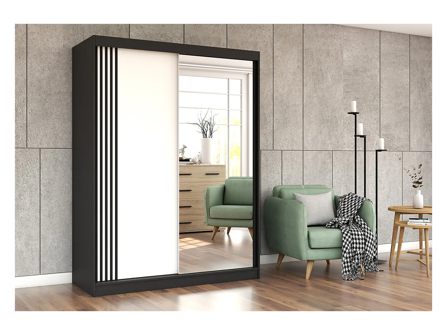 Armoire Elowen 150 cm avec miroir - Noir - Blanc