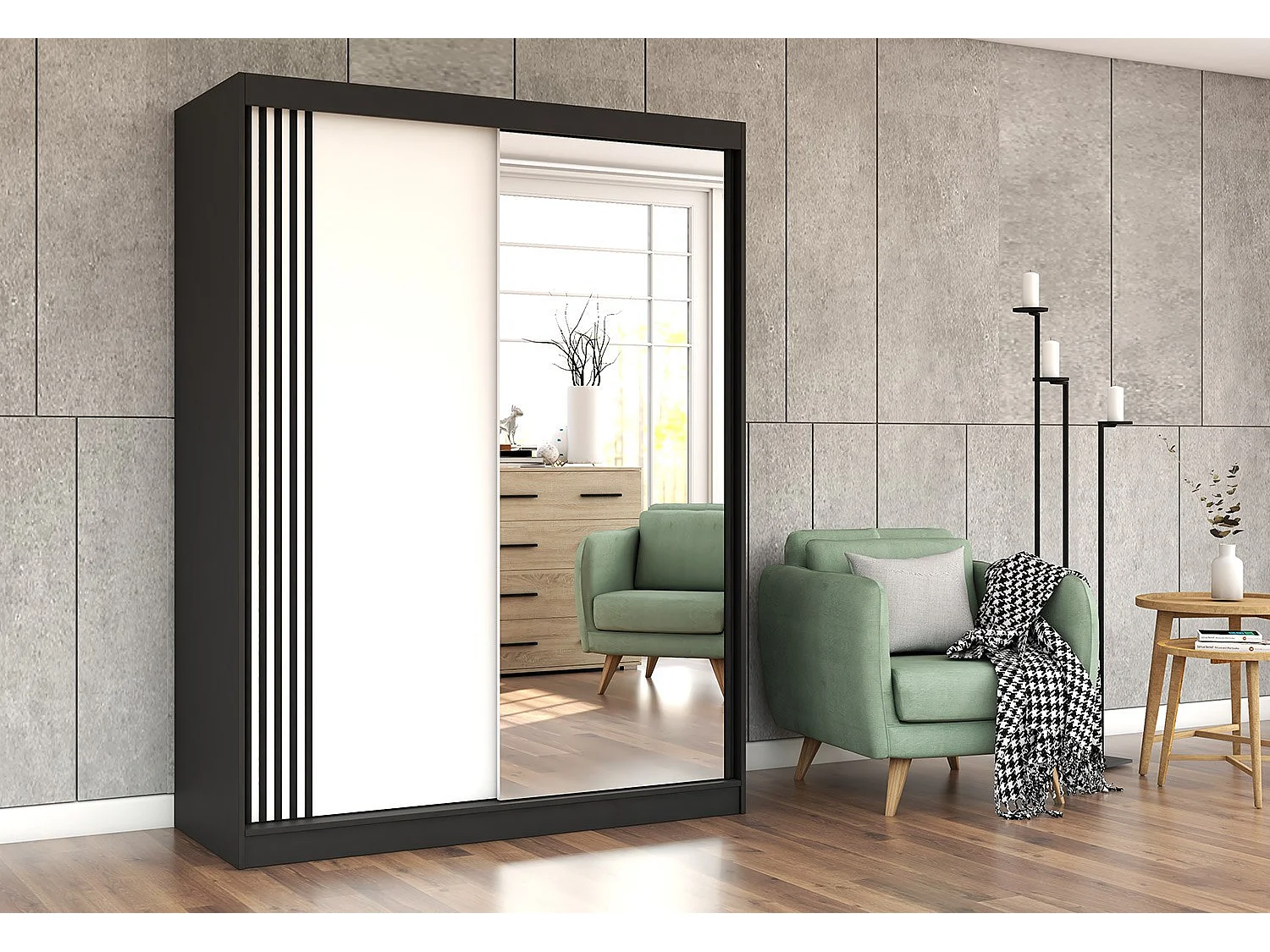 Armoire Elowen 150 cm avec miroir - Noir - Blanc