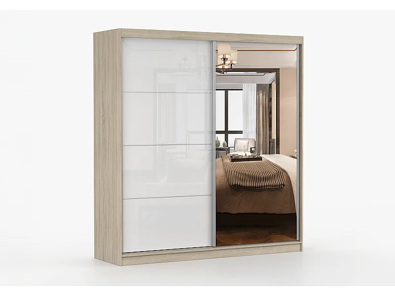 Armoire Helis 203 semi-brillant avec miroir - Chêne - Blanc