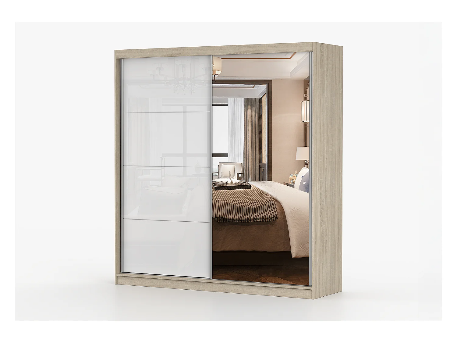 Armoire Helis 203 semi-brillant avec miroir - Chêne - Blanc