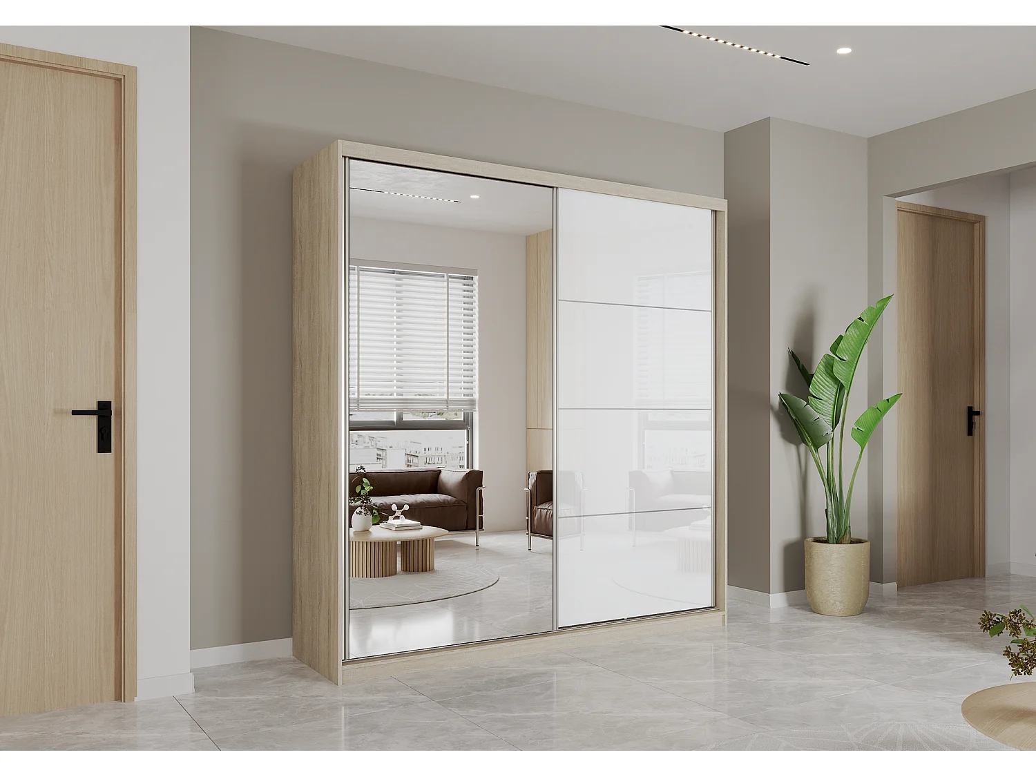 Armoire Helis 203 semi-brillant avec miroir - Chêne - Blanc