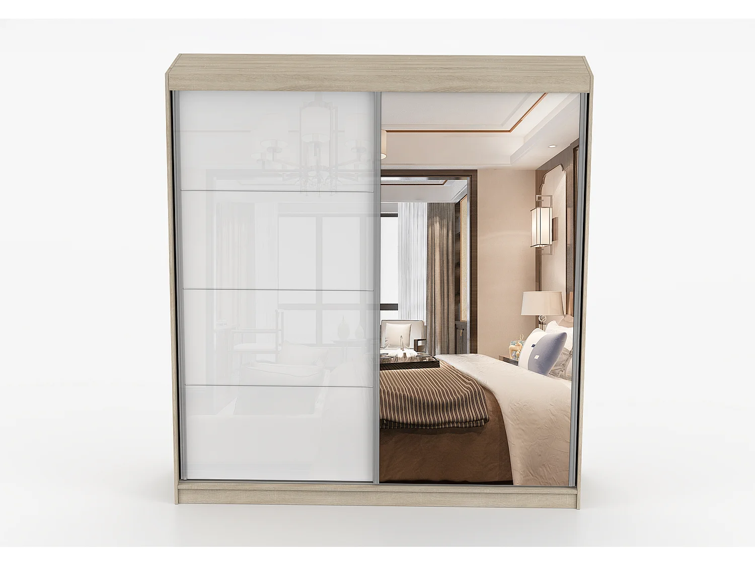 Armoire Helis 203 semi-brillant avec miroir - Chêne - Blanc