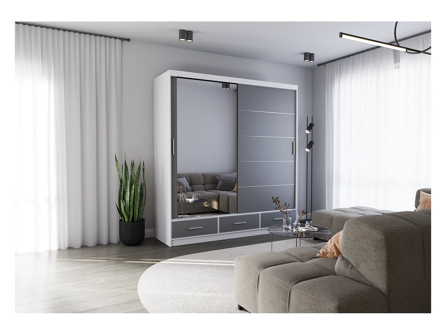 Armoire Solian 203 cm avec miroir - Blanc - Gris