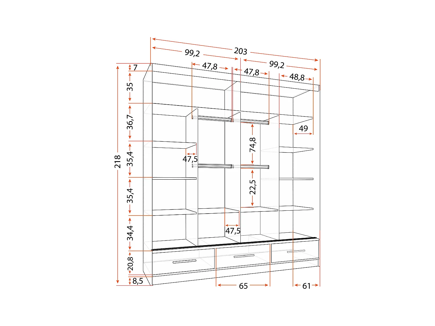 Armoire Solian 203 cm avec miroir - Blanc - Gris