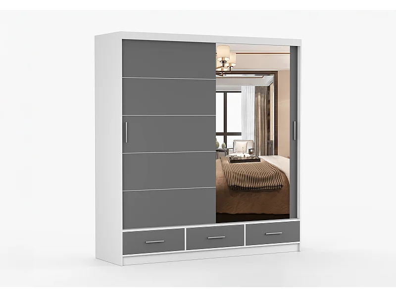 Armoire Solian 203 cm avec miroir - Blanc - Gris