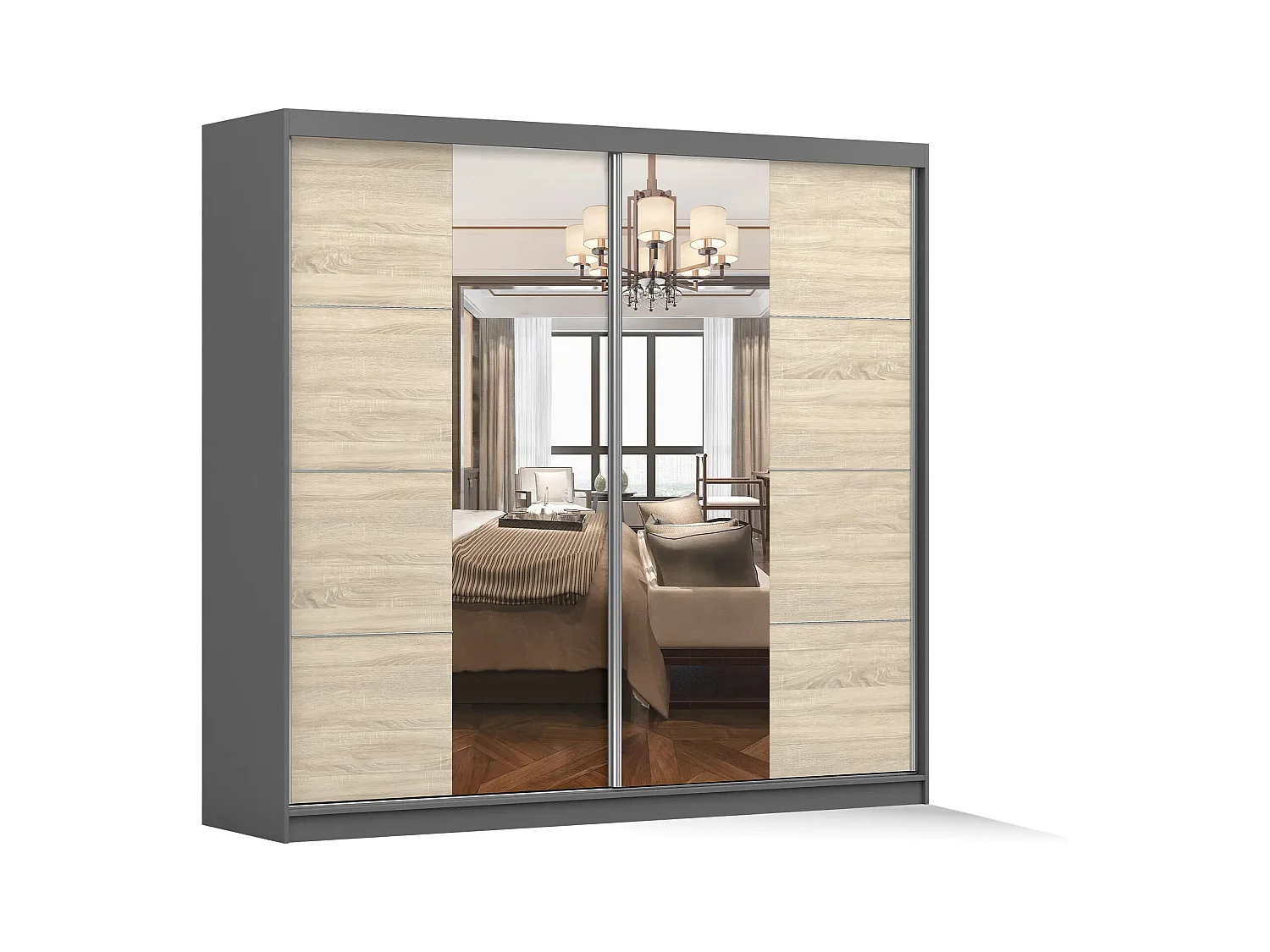 Armoire Violeta 233 cm avec miroir - Gris - Chêne