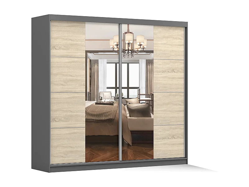 Armoire Violeta 233 cm avec miroir - Gris - Chêne