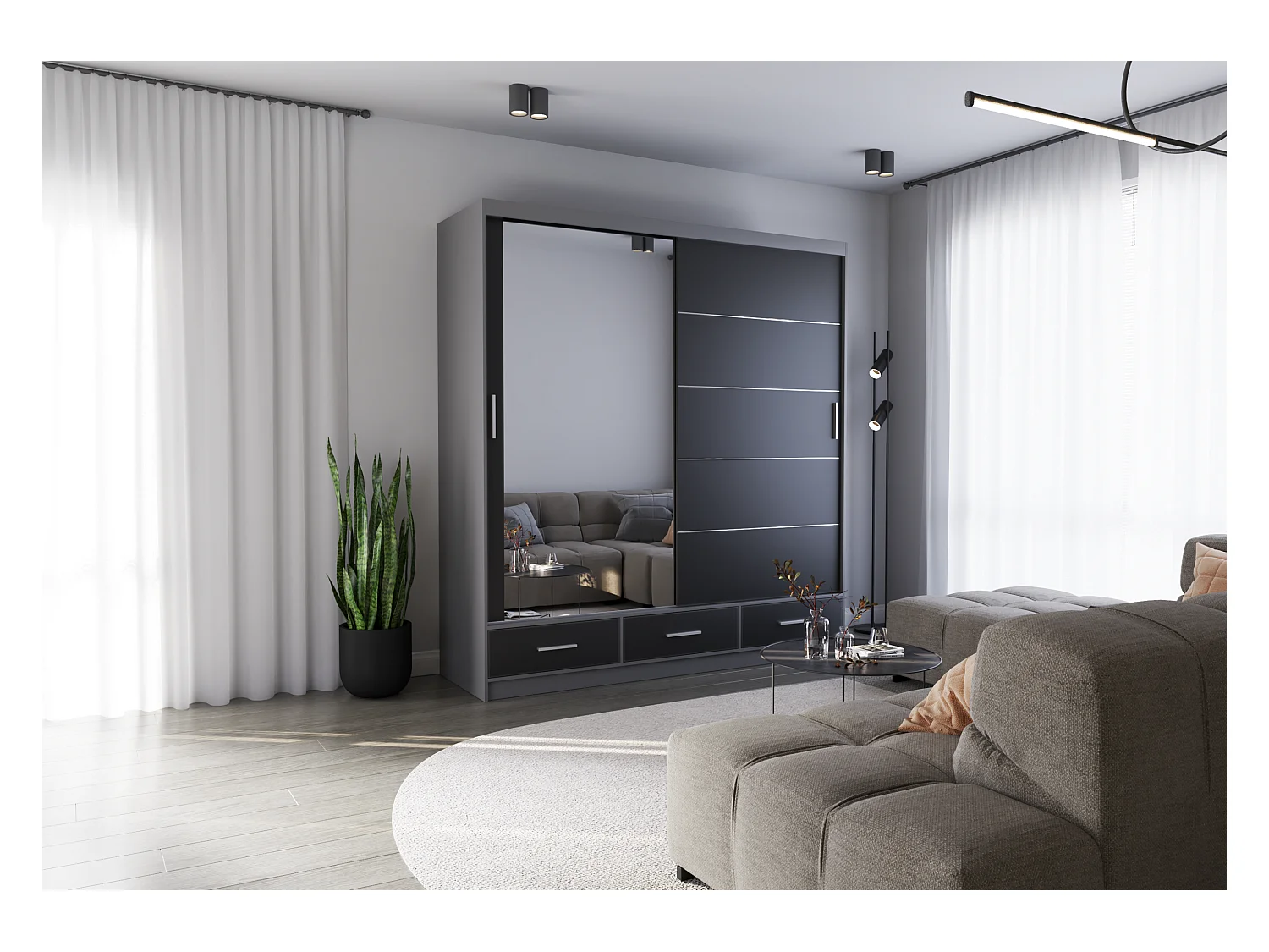 Armoire Solian 203 cm avec miroir - Gris - Noir