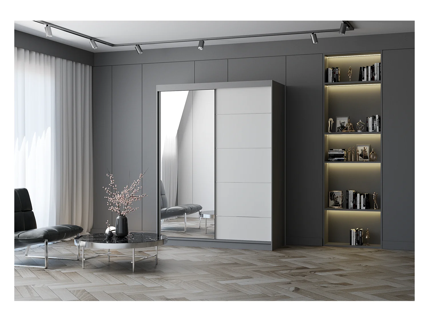 Armoire Vaiana 150 cm avec miroir - Gris - Blanc