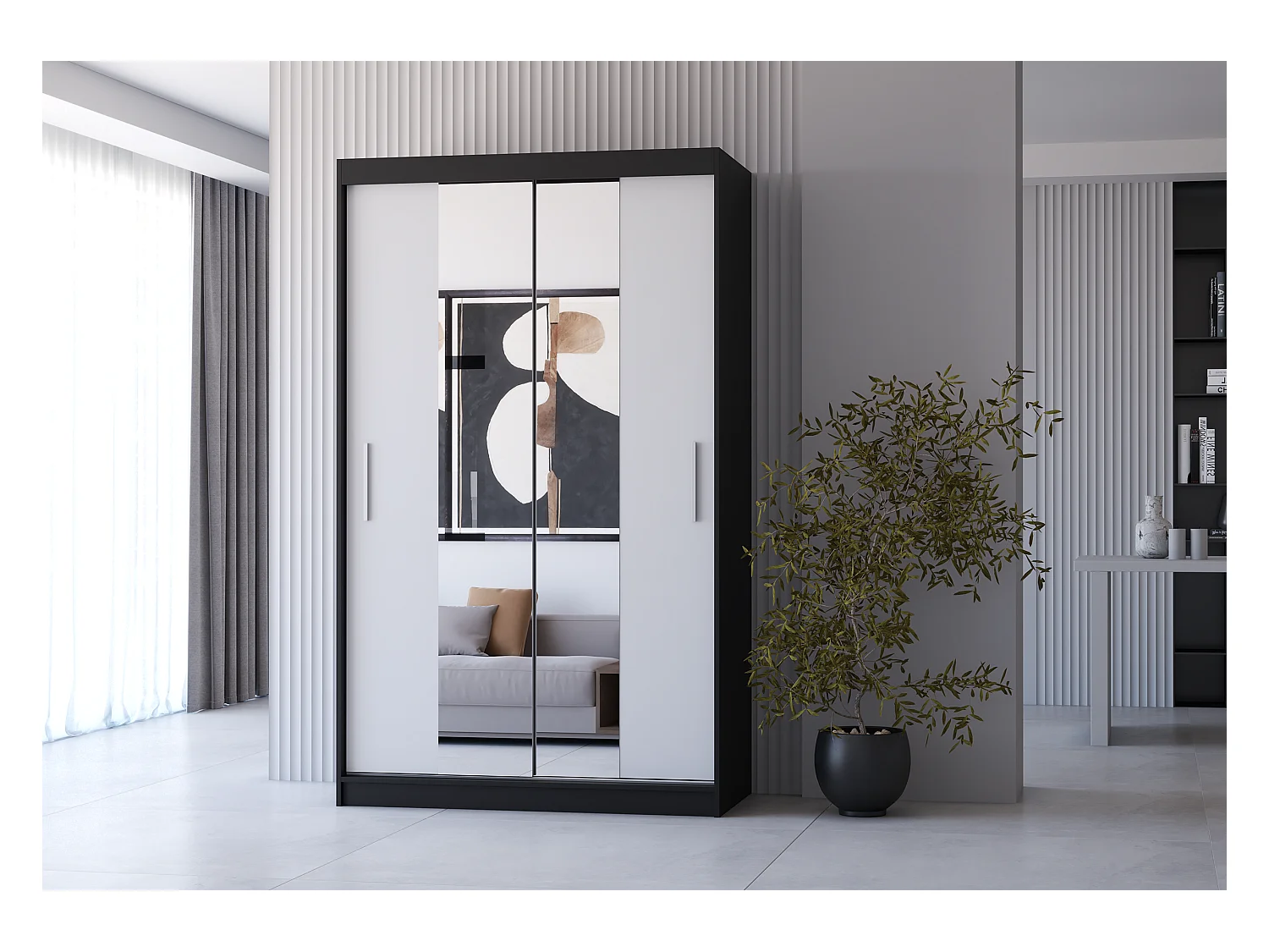 Armoire Danaé 120 cm avec miroir - Noir - Blanc