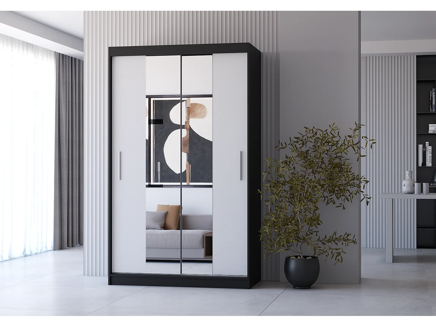 Armoire Danaé 120 cm avec miroir - Noir - Blanc