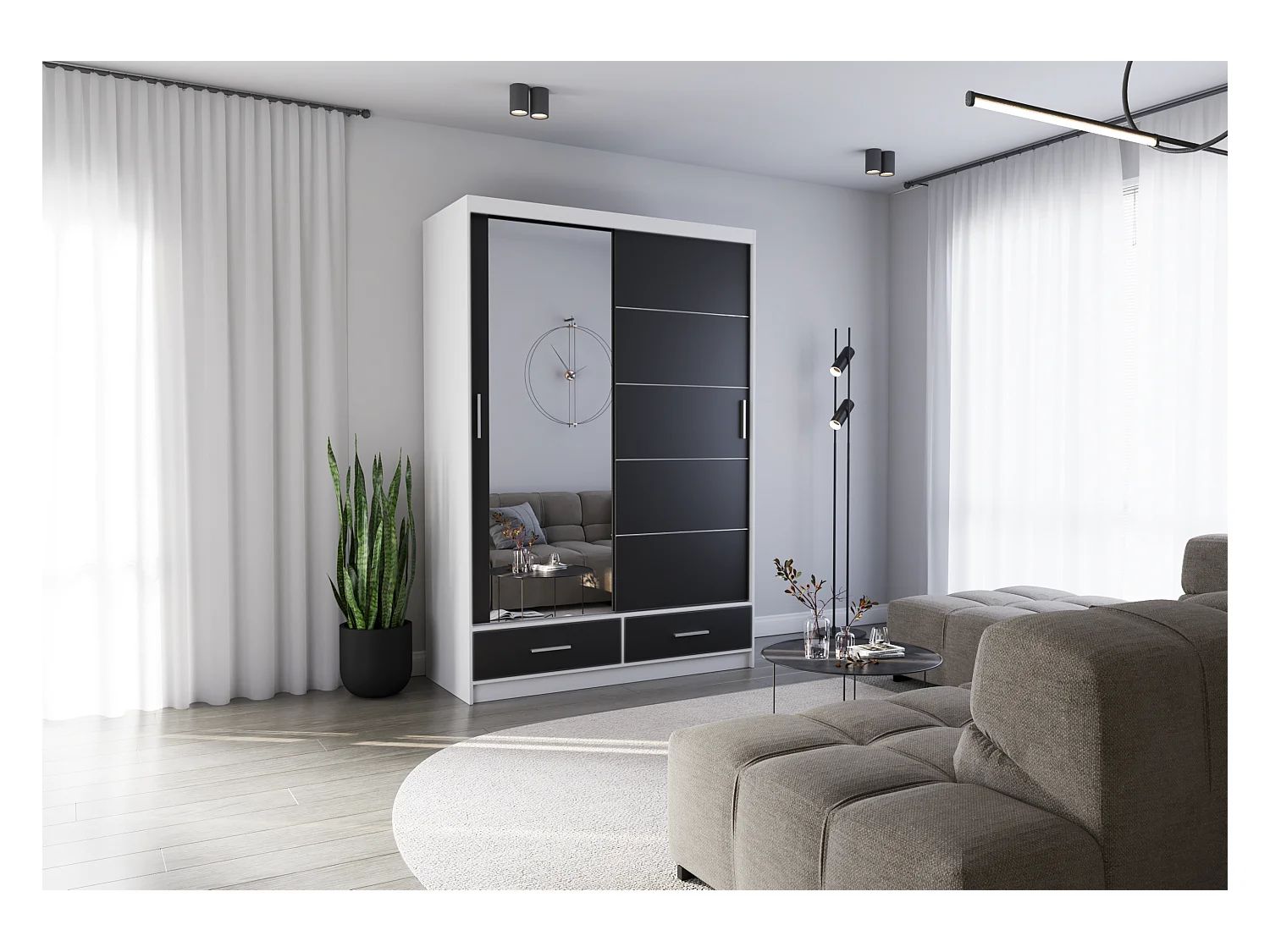 Armoire Silvana 150 cm avec miroir - Blanc - Noir