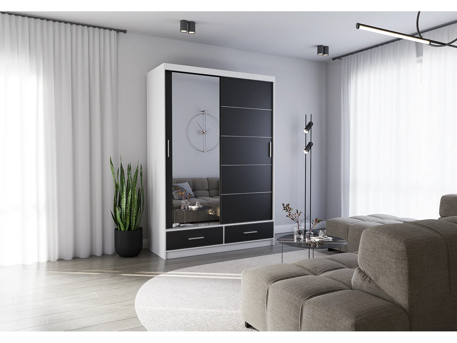 Armoire Silvana 150 cm avec miroir - Blanc - Noir