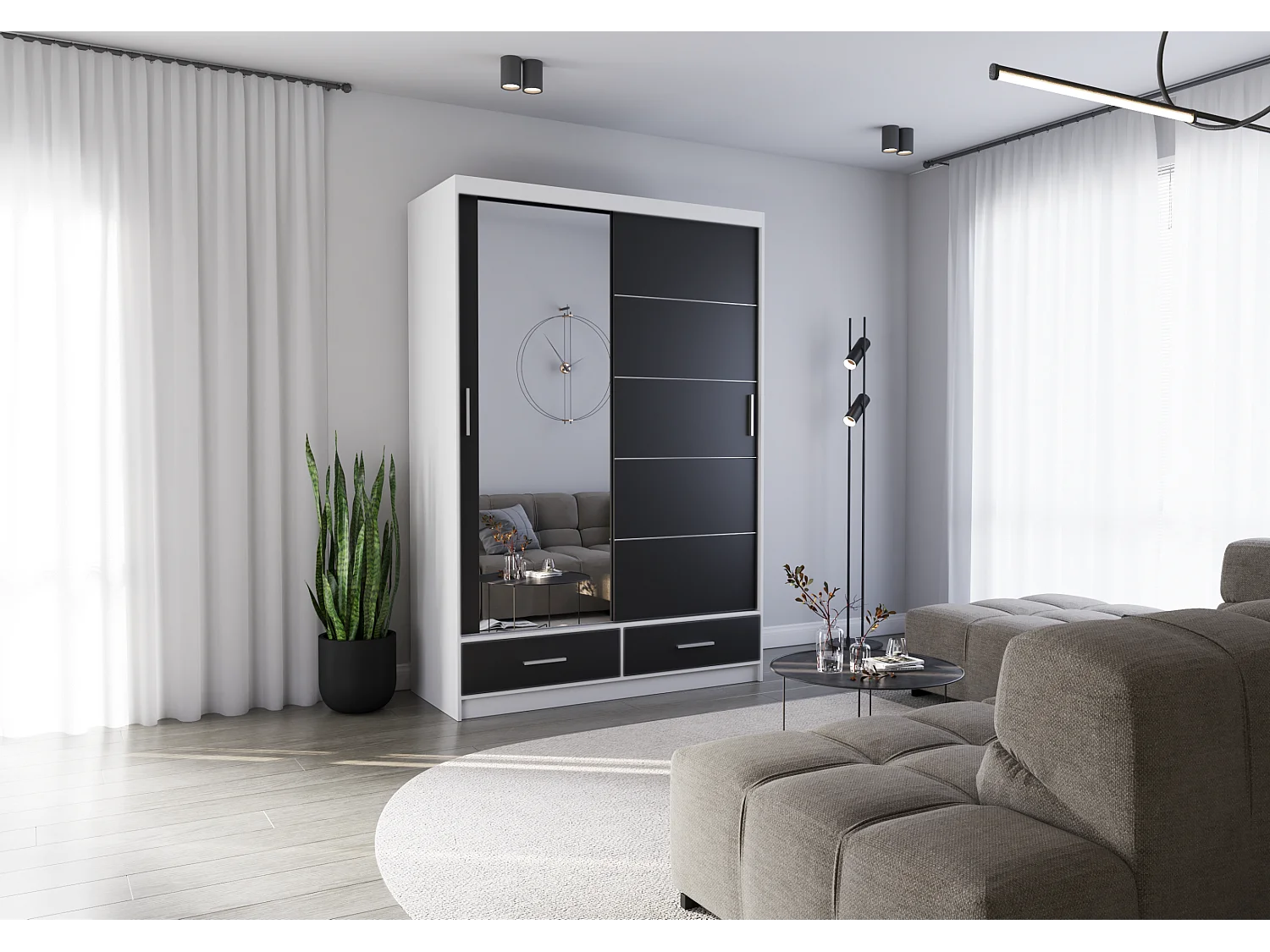 Armoire Silvana 150 cm avec miroir - Blanc - Noir