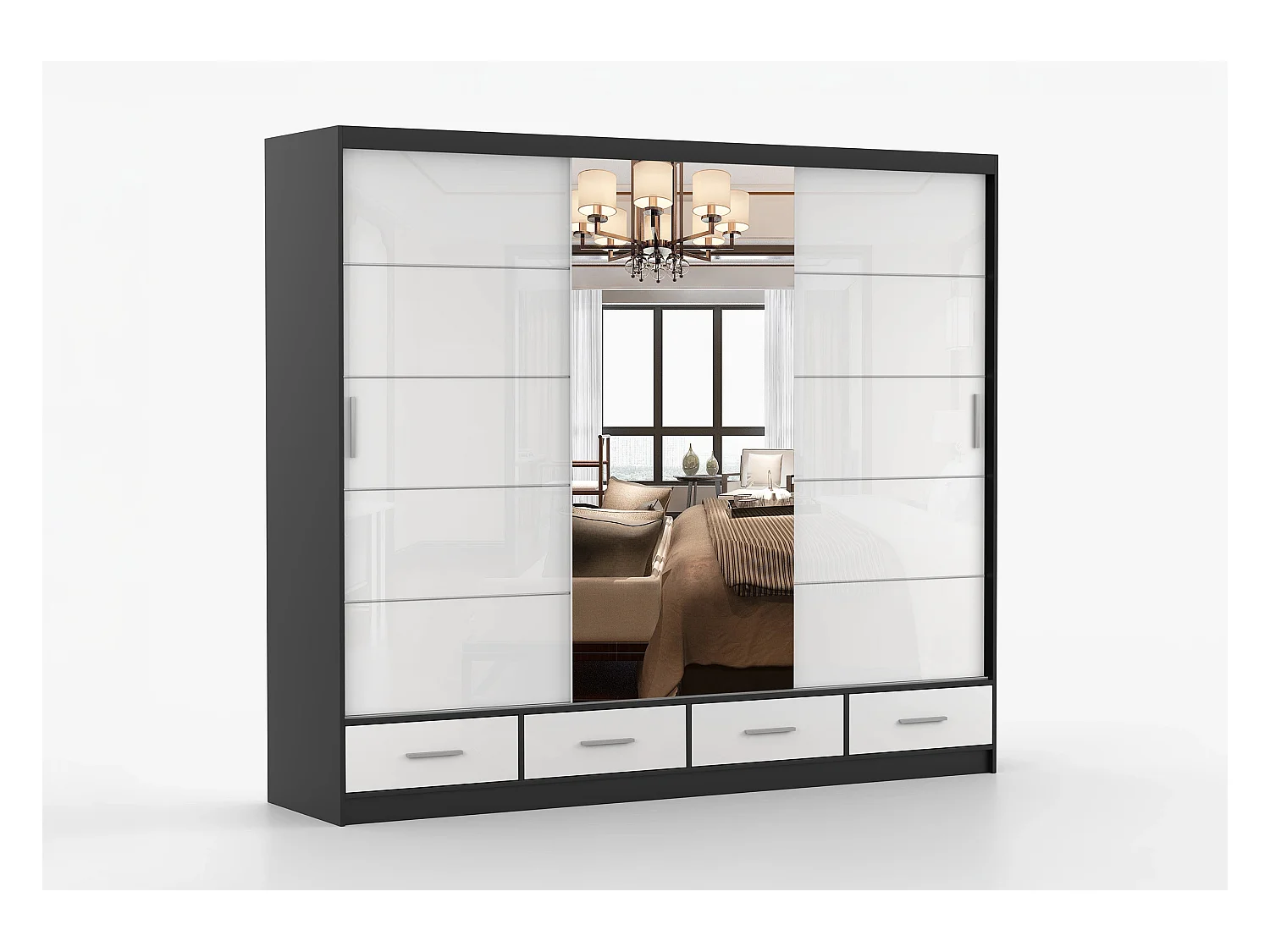 Armoire Soren 250 cm avec miroir - Noir - Blanc