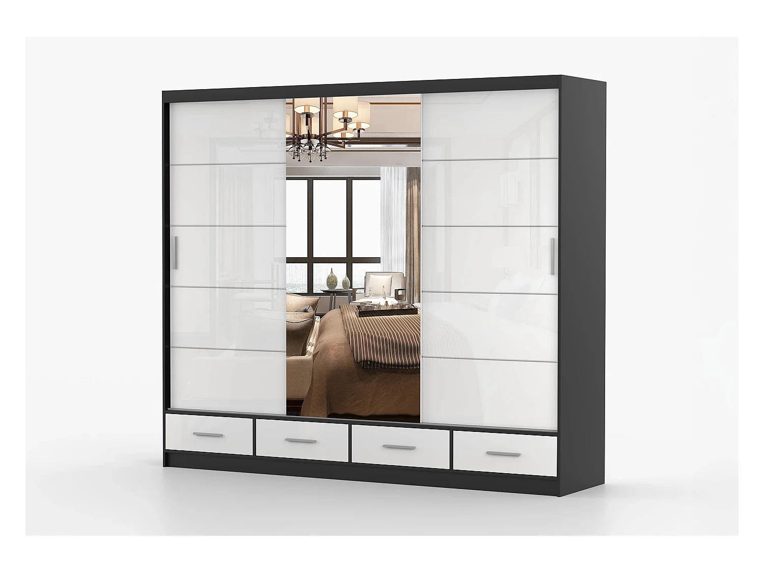 Armoire Soren 250 cm avec miroir - Noir - Blanc