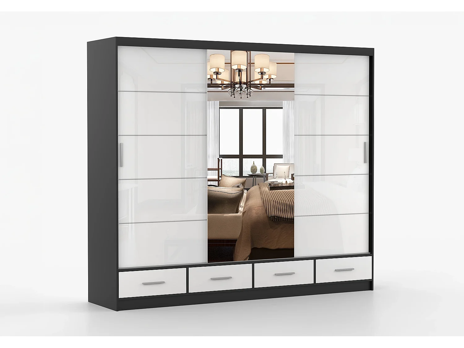 Armoire Soren 250 cm avec miroir - Noir - Blanc
