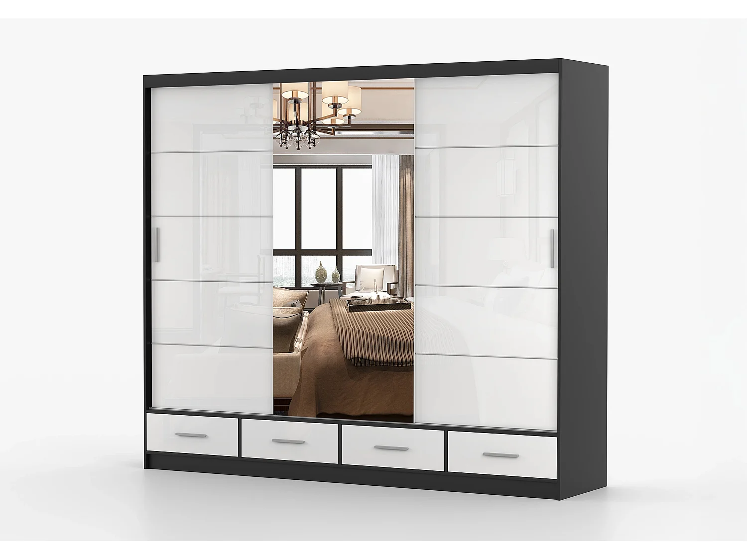 Armoire Soren 250 cm avec miroir - Noir - Blanc
