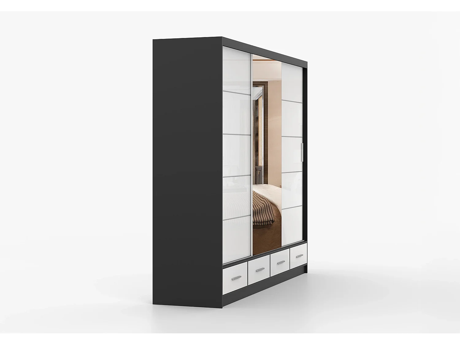 Armoire Soren 250 cm avec miroir - Noir - Blanc