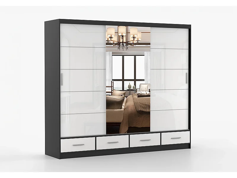 Armoire Soren 250 cm avec miroir - Noir - Blanc