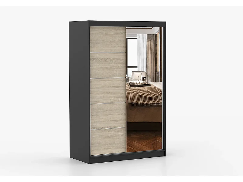 Armoire Syra 120 cm avec miroir - Noir - Chêne