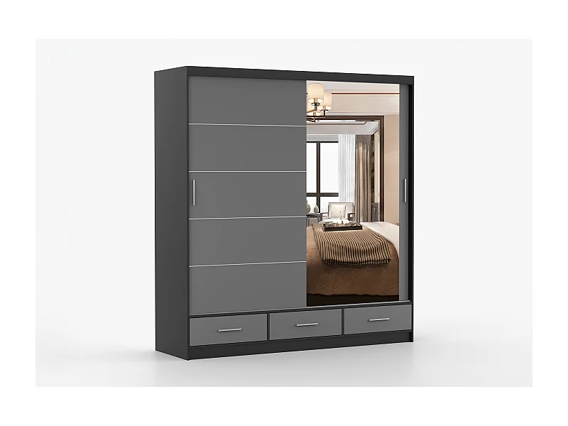Armoire Solian 203 cm avec miroir - Noir - Gris